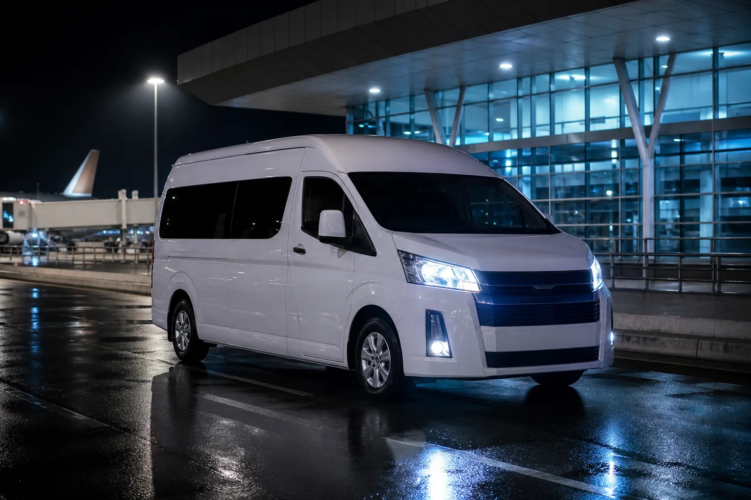 Van privada blanca en la zona de arribos de un aeropuerto de noche, con faros encendidos.