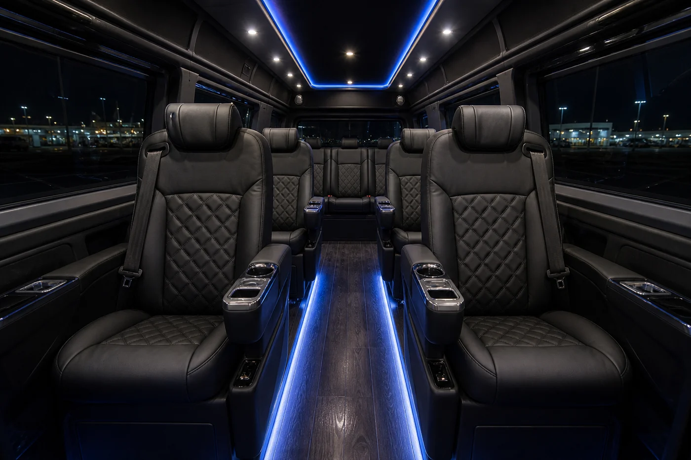 Interior de cabina ejecutiva con asientos de piel negra, costura de diamante e iluminación LED azul.