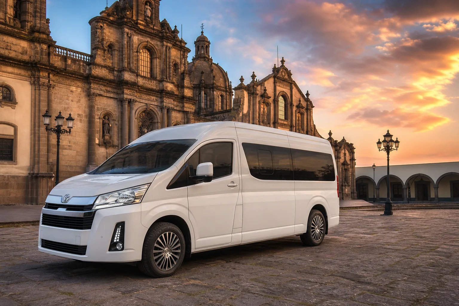 Van blanca de turismo estacionada en una plaza colonial de Xalapa al atardecer, frente a una catedral.